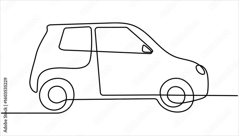 Poster continuous line drawing of modern car, abstract small car in continuous line art drawing style. one 