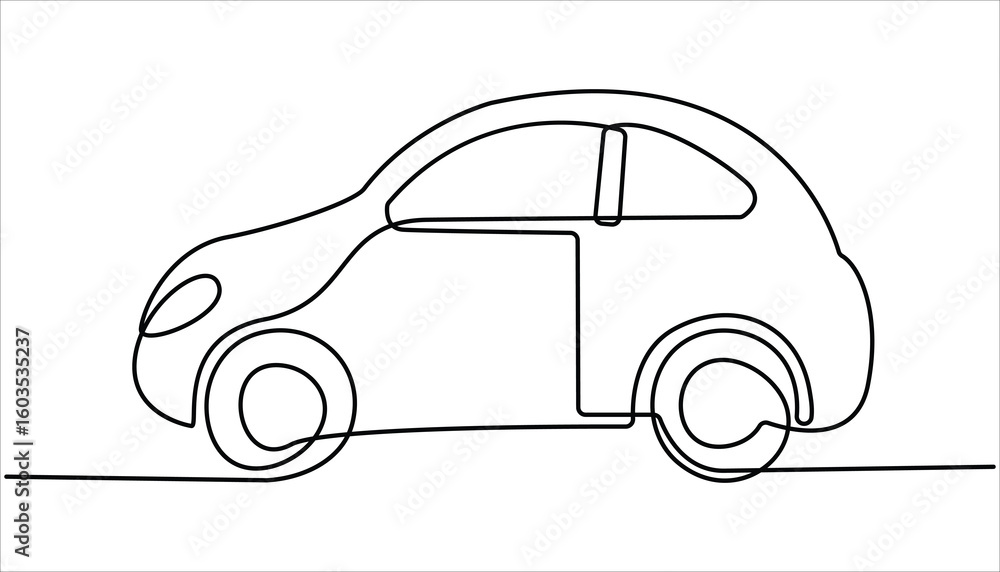 Poster continuous line drawing of modern car, abstract small car in continuous line art drawing style. one 