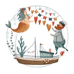 A Whimsical Mermaid and a Cheerful Sailor alongside a Boat adorned with Colorful Banners