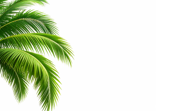 Vibrant green palm tree fronds, perfect for travel brochures, summer designs, tropical themes, nature backgrounds, and greenery concepts.
