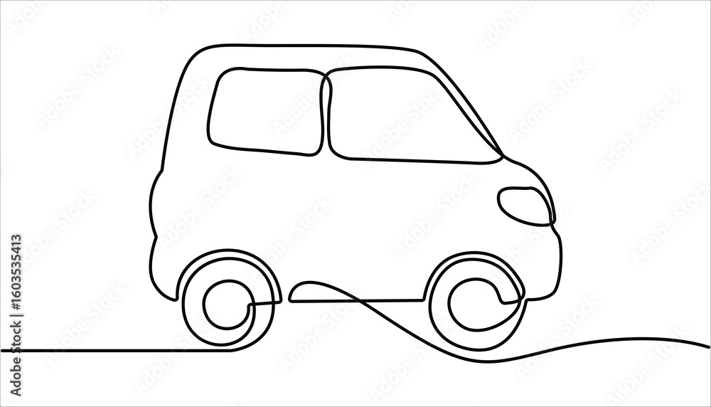 Poster continuous line drawing of modern car, abstract small car in continuous line art drawing style. one 