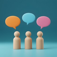 communication, ideas, collaborative discussions. Three wooden figures stand beneath vibrant speech bubbles a blue backdrop, 3D render of three wooden figures standing in fro