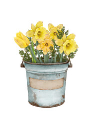 Watercolor Yellow Spring Flowers Beautifully Arranged in a Rustic Bucket for an Elegant Display