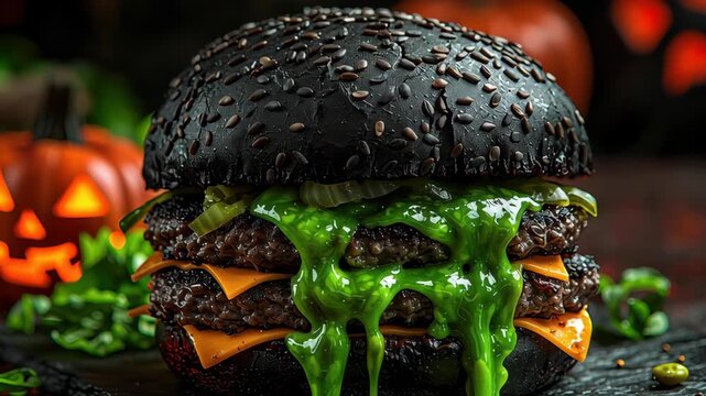Halloween burger with black sesame bun, spooky green slime sauce, cheddar layers and eerie food styling, creepy horror-inspired dripping animation and festive fast food moment for haunted theme