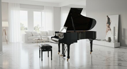 A high-resolution shot of a black grand piano in a luxurious modern room with a white marble floor