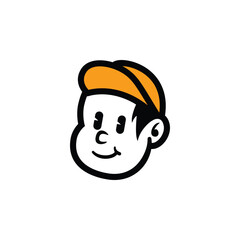 Cute cartoon boy face with orange cap and friendly smile. Simple vector mascot logo for kids brand, food packaging, streetwear, or fun branding. Editable EPS design