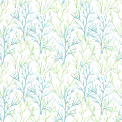 Seamless pattern. Branch, seaweed, coral, underwater grass, beach decoration. Watercolor illustration on white. For fabric, textile, wallpaper, clothing beach, summer accessories, wrapping