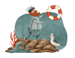 A Cheerful Sailor with a Lifebuoy and a Seagull, enjoying a wonderful time by the Sea