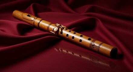 Fototapeta premium A flute laying on a silk fabric with soft diffused lighting and elegant reflection