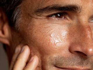 Fototapeta premium A man with dry, flaky skin uses a medicated moisturizing serum to replenish the moisture of his dry, flaky skin.