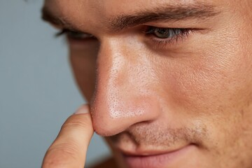 Fototapeta premium Tanned man uses cosmetic products to reduce oil on nose, focusing on using oil control products on specific areas