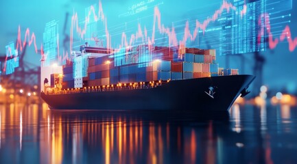Obraz premium Cargo Ship at Night with Overlaid Financial Graphs