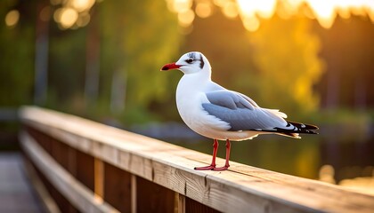 Obraz premium A seagull perched on a wooden railing at sunset