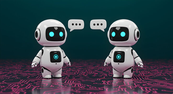 Two White Mini Robots Communicating with Speech Bubbles on a Reflective Teal Circuit Board Surface with Blue Accents - Powered by Adobe