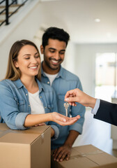 Happy couple receiving keys to their new home from real estate agent