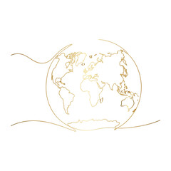 Golden World Map Continuous Line Art on Transparent Backdrop for Global Concepts © Sara Studio