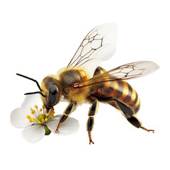 Detailed close-up of a bee collecting nectar from a white flower, showcasing nature's pollination process