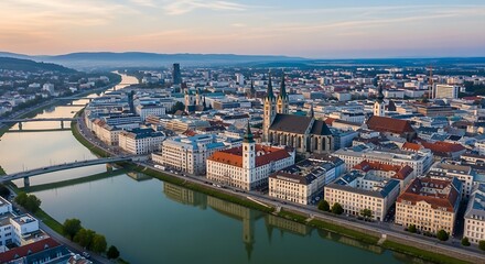 Aerial View of Linz Austria at Sunset Revealing Danube River and Historic Architecture