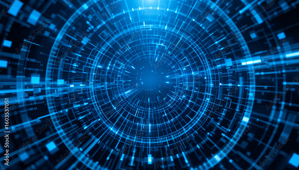 Poster dynamic digital data network expanding with futuristic glowing blue lines and connections