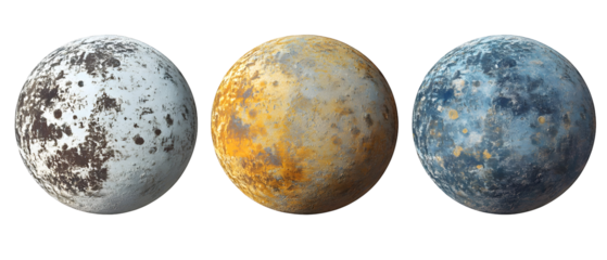 Three Distinct Planetary Spheres Against Black Background Showcasing Textured Surfaces and Varied Color Palettes Representing Celestial Bodies
