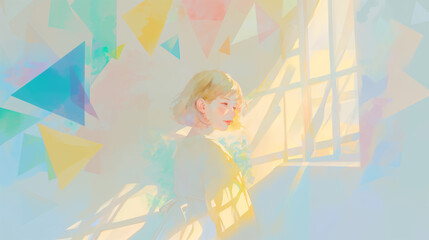 都会と寂しげな女性の水彩イラスト