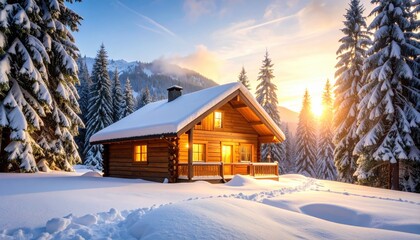 Fototapeta premium A charming wooden cabin surrounded by snow and pine trees, illuminated by sunrise in a serene winter mountain setting.