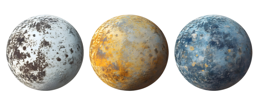 Three Distinct Planetary Spheres Against Black Background Showcasing Textured Surfaces and Varied Color Palettes Representing Celestial Bodies