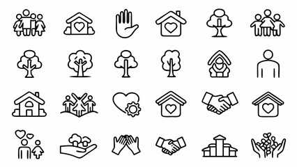 Community support and care vector icons: family, home, tree, hand, heart, and collaboration symbols design
