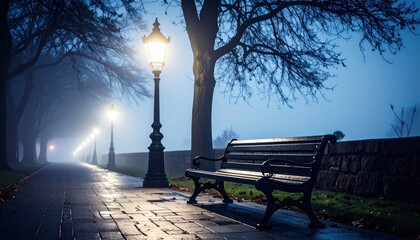 Tranquil park path at night with glowing street lamps, empty bench, and misty ambiance.