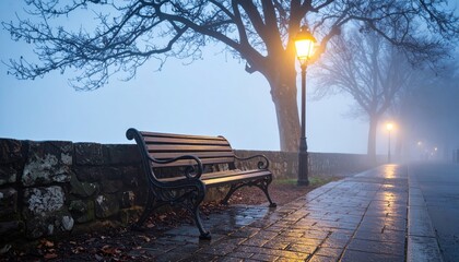 Tranquil foggy park with an empty bench, vintage street lamps, and bare trees along a cobblestone path.