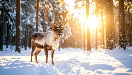 A reindeer stands in a snowy forest, illuminated by sunlight filtering through the trees, creating a serene winter scene.