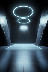 Futuristic Corridor with Glowing Rings and Light Path