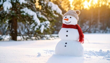 A delightful snowman with a red scarf and cozy hat stands in a snowy forest at sunset, capturing the essence of winter.