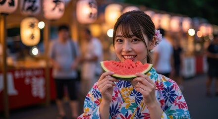 お盆のお祭りの屋台でスイカを食べる浴衣姿の女