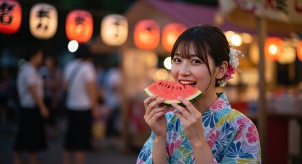 お盆のお祭りの屋台でスイカを食べる浴衣姿の女