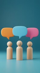3D render of three wooden figures standing in front of a blue wall, communication, ideas, collaborative discussions. Three wooden figures stand beneath vibrant speech bubbles a blue backdrop