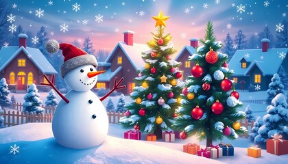A whimsical snowy Christmas with a happy snowman in a red hat, decorated Christmas trees with presents, and illuminated houses under faling snowflakes, cartoon, virtual backgrouds