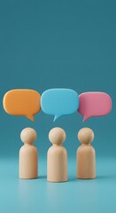 ideas, collaborative discussions. Three wooden figures stand beneath vibrant speech bubbles a blue backdrop, 3D render of three wooden figures standing in front of a blue wall, communication