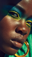 closeup portrait of a young black woman with makeup yellow green eyeshadow Jamaica South Africa Carribbean african gold earrings sunlight bright serious expression