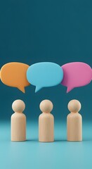 ideas, collaborative discussions. Three wooden figures stand beneath vibrant speech bubbles a blue backdrop, 3D render of three wooden figures standing in front of a blue wall, communication