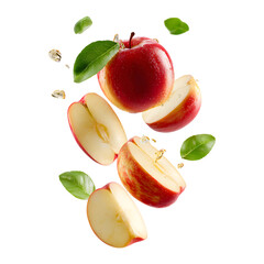 Flying apple slices with green leaves isolated on transparent background