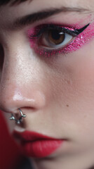 closeup of young woman wearing pink cateye makeup sunlight cosmetics eyeshadow fuchsia septum ring social media post format vertical mobile red lipstick