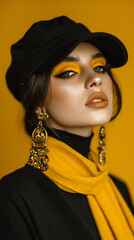 brunette fashion model wearing black hat closeup of makeup dramatic cateye eyeshadow yellow background lips lipstick makeup brand marketing social media post fashion beauty scarf long earrings 