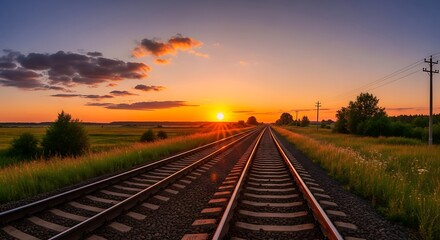 Obraz premium Railway tracks stretch toward the horizon during a vibrant sunset landscape