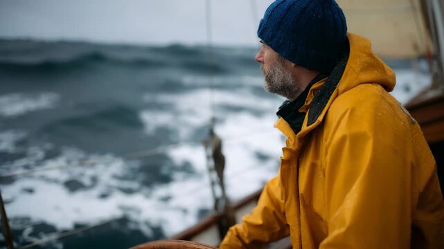 A sailor in a yellow rain jacket and knit beanie navigates through turbulent waters, embodying resilience amidst stormy seas and unpredictable weather conditions.