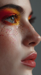 side profile closeup of woman with blue eyes and makeup glitter dramatic orange eyeshadow yellow background lipstick makeup brand marketing social media post fashion beauty