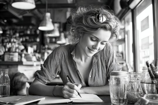 Young woman enjoying creative writing in a cozy coffee shop, capturing inspiration in a stylish urban setting - Powered by Adobe