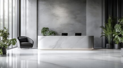 Modern minimalist office reception area with sleek marble desk and greenery