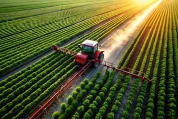 Obraz premium Aerial view of a tractor spraying crops in a vast green field under a golden sunset
