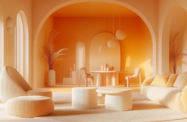 Modern Minimalist Living Room with Warm Tones and Soft Lighting